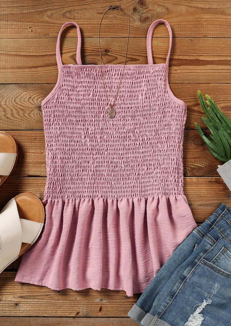 Tank Tops Ruffled Smocked Spaghetti Strap Camisole in Light Pink. Size: ,M,L,XL
