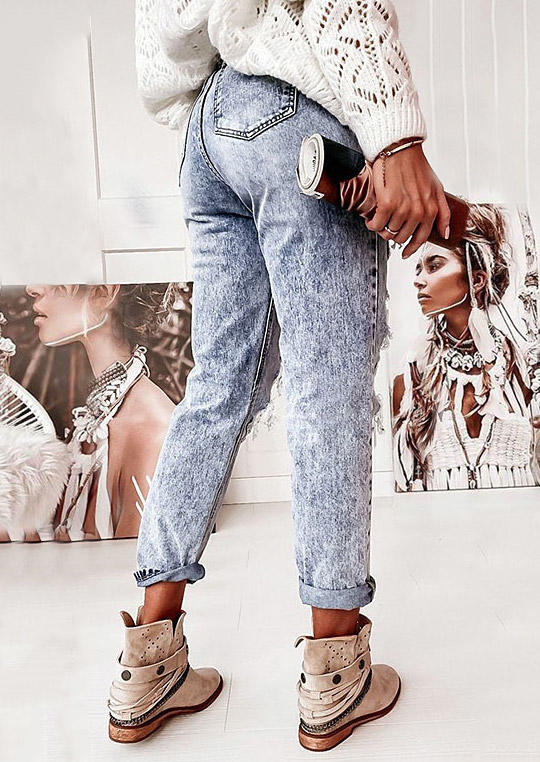 

Pants Ripped Hole Button Pocket Denim Pants in Blue. Size