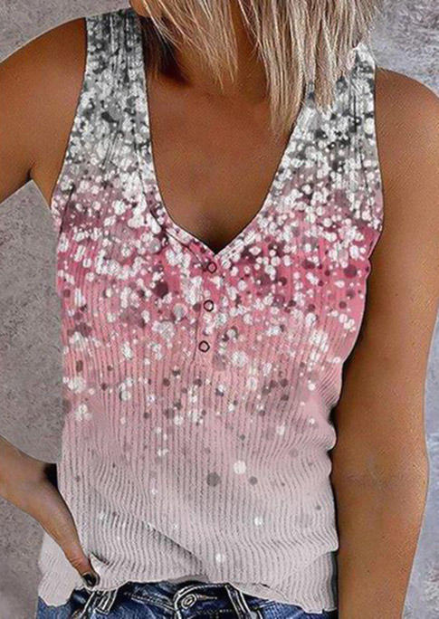 Tank Tops Gradient Glitter Snap Button Casual Tank Top in Multicolor. Size: S