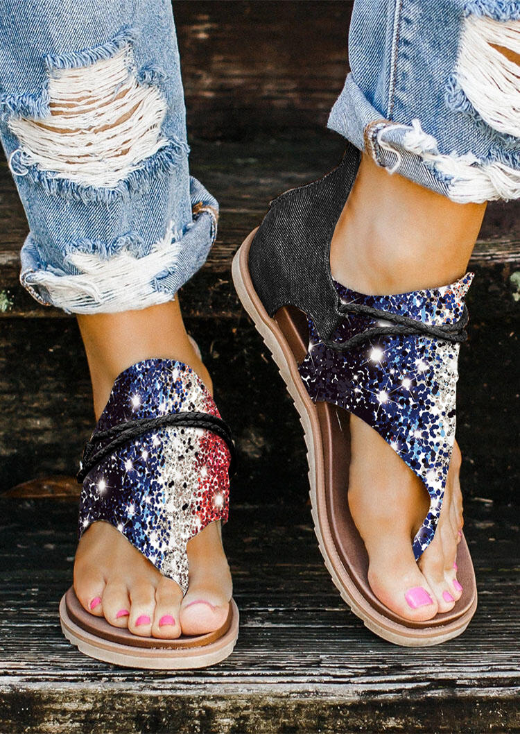 American Flag Glitter Flip Flops Flat Sandals