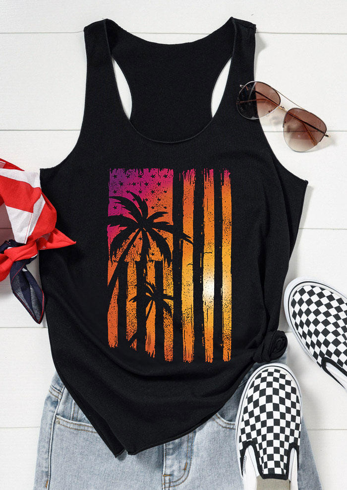 

Tank Tops American Flag Coconut Tree Sunset Racerback Tank Top in Black. Size