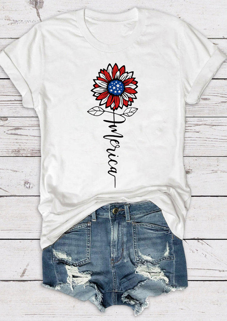 

T-shirts Tees America Sunflower O-Neck T-Shirt Tee in White. Size