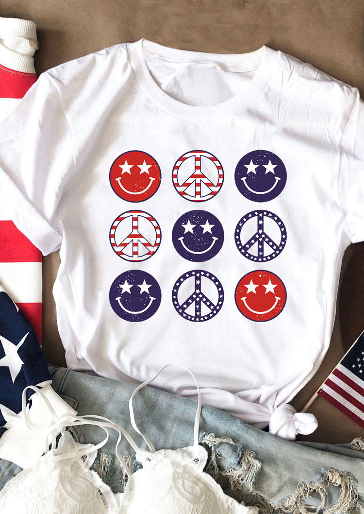 T-shirts Tees Smiley Star O-Neck T-Shirt Tee in White. Size: L,S,XL