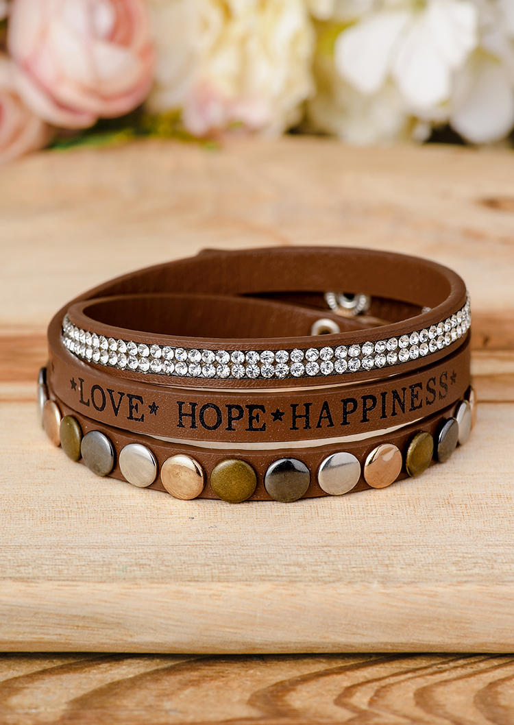 

Bracelet Love Hope Happiness Rivet Rhinestone Bracelet in Coffee. Size