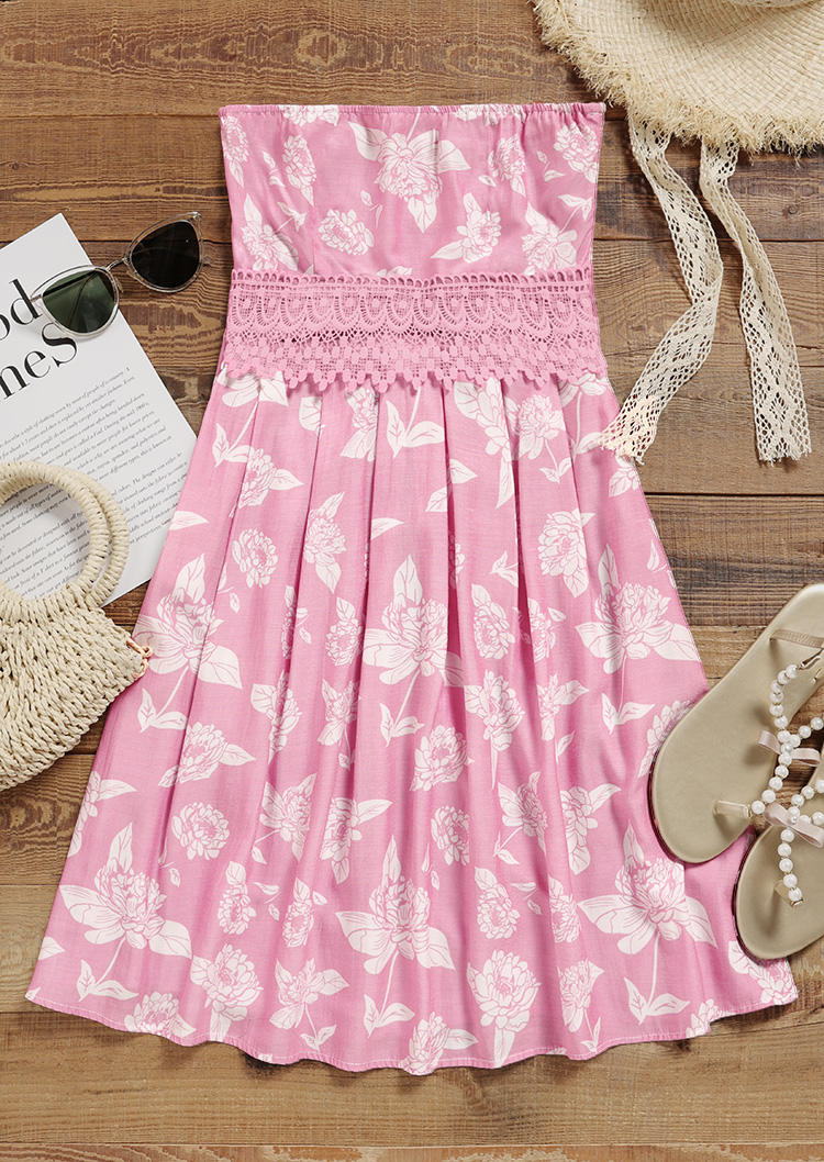 Floral Lace Splicing Strapless Bandeau Mini Dress - Pink