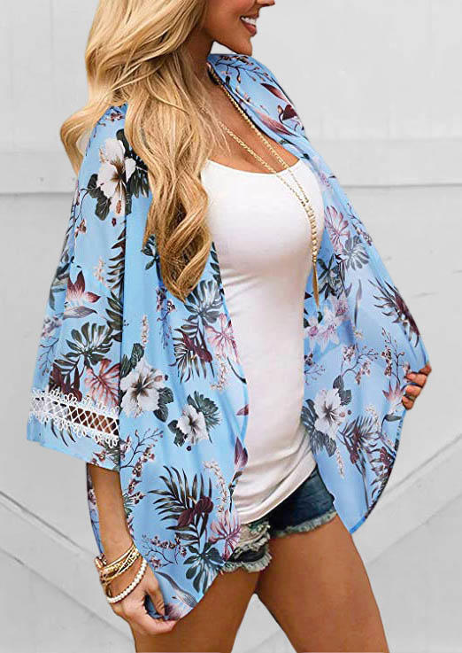 

Cardigans Floral Lace Splicing Three Quarter Sleeve Open Front Cardigan in Multicolor. Size: ,XL
