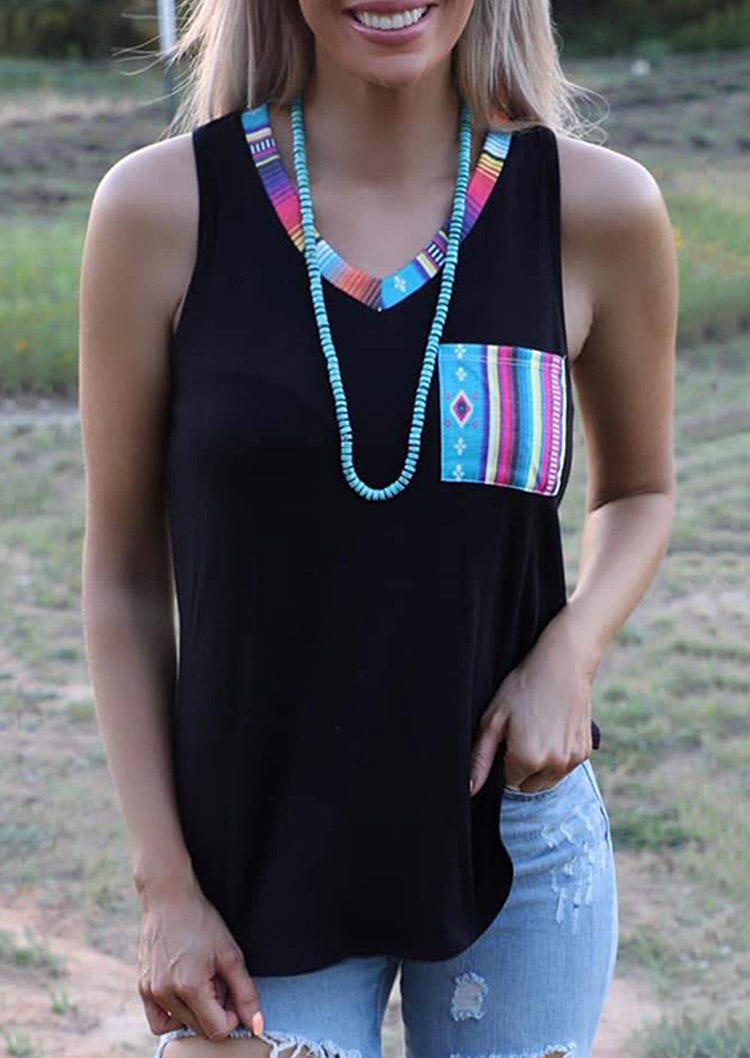 

Tank Tops Serape Striped Pocket V-Neck Casual Tank Top in Black. Size