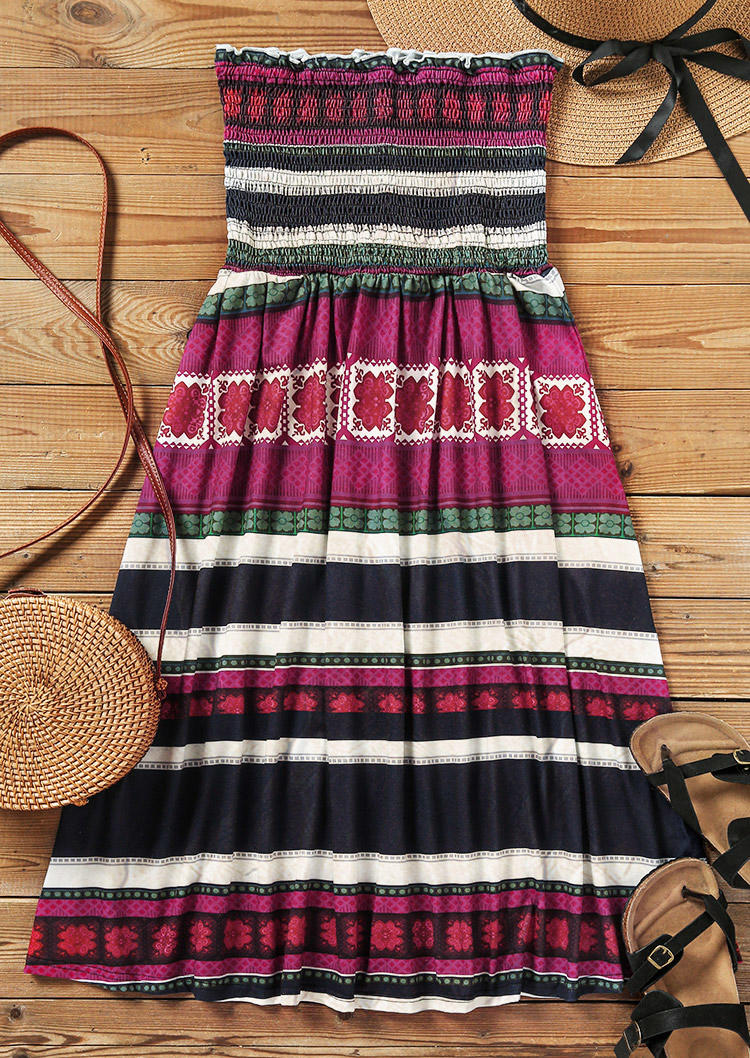 

Mini Dresses Striped Floral Smocked Strapless Bandeau Mini Dress in Multicolor. Size: L