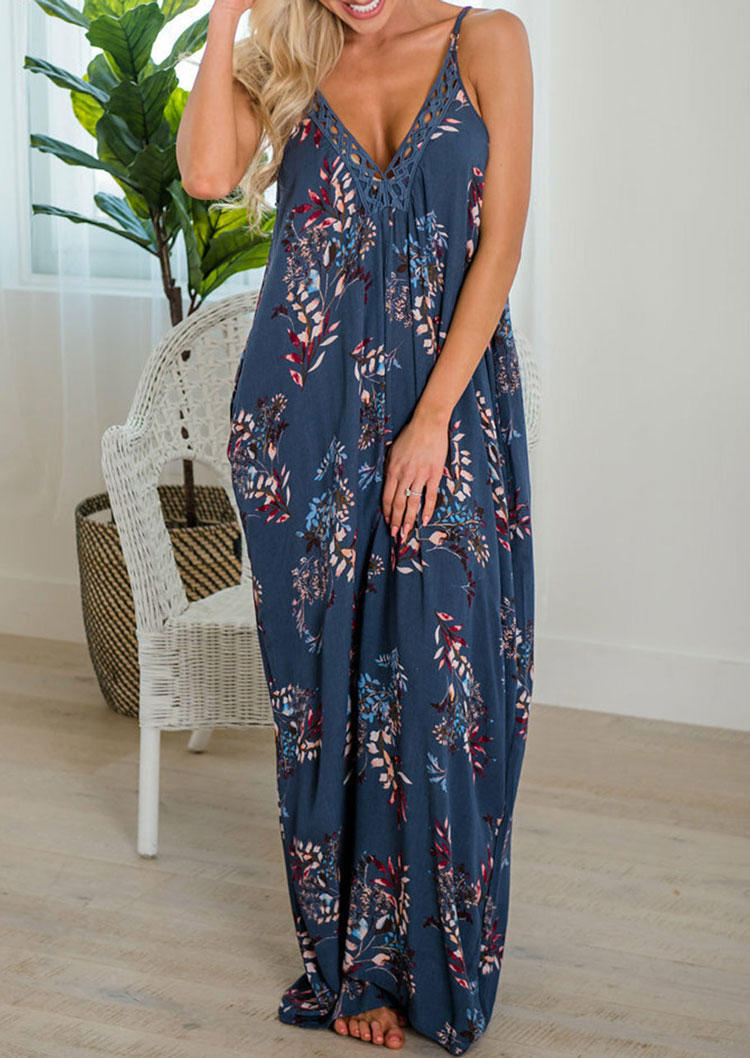 Maxi Dresses Floral Hollow Out Pocket Maxi Dress in Blue. Size: S