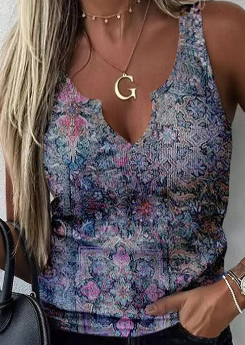

Tank Tops Ethnic Floral Notched Neck Casual Tank Top in Multicolor. Size: ,XL