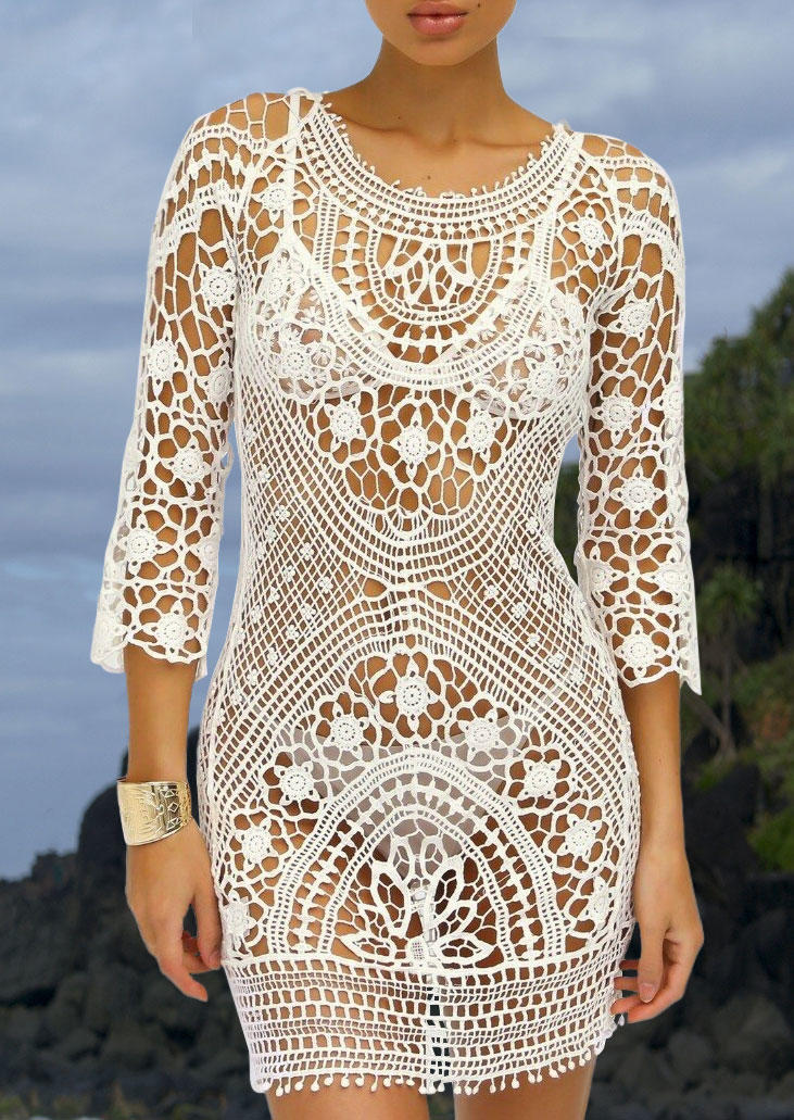 

Cover Ups Lace Hollow Out Tassel Open Back Cover Up without Choker in White. Size