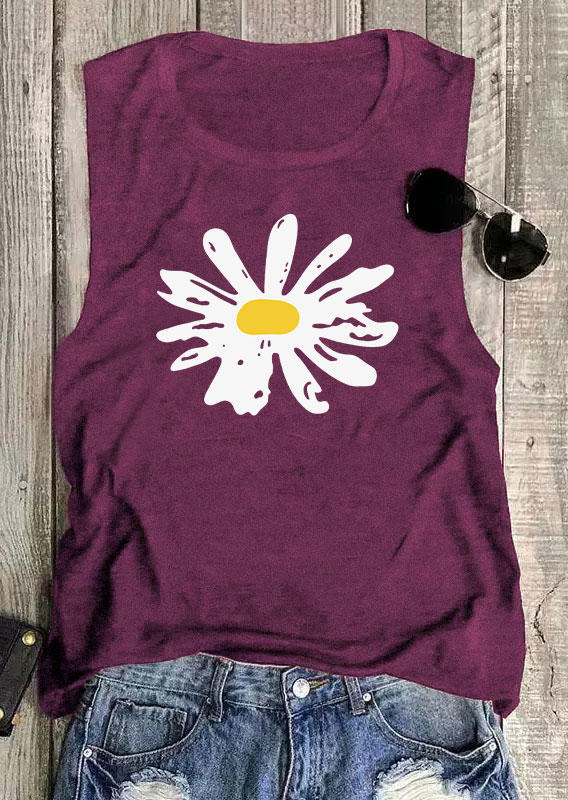 Tank Tops Daisy O-Neck Casual Tank Top - Plum in Red. Size: M,S