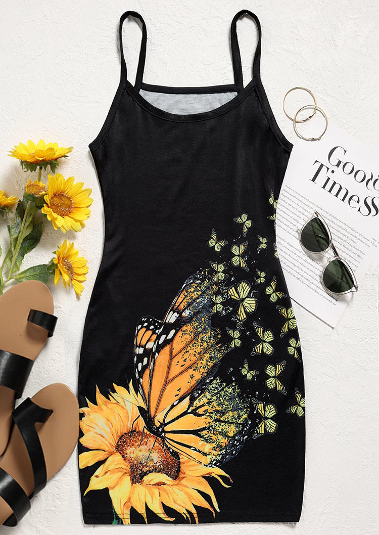 

Mini Dresses Sunflower Butterfly Pocket Spaghetti Strap Mini Dress in Black. Size