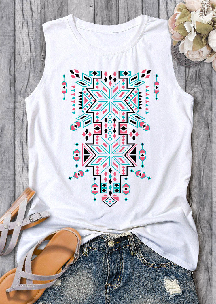 Tank Tops Tribal Aztec Geometric Casual Tank Top in White. Size: S,XL