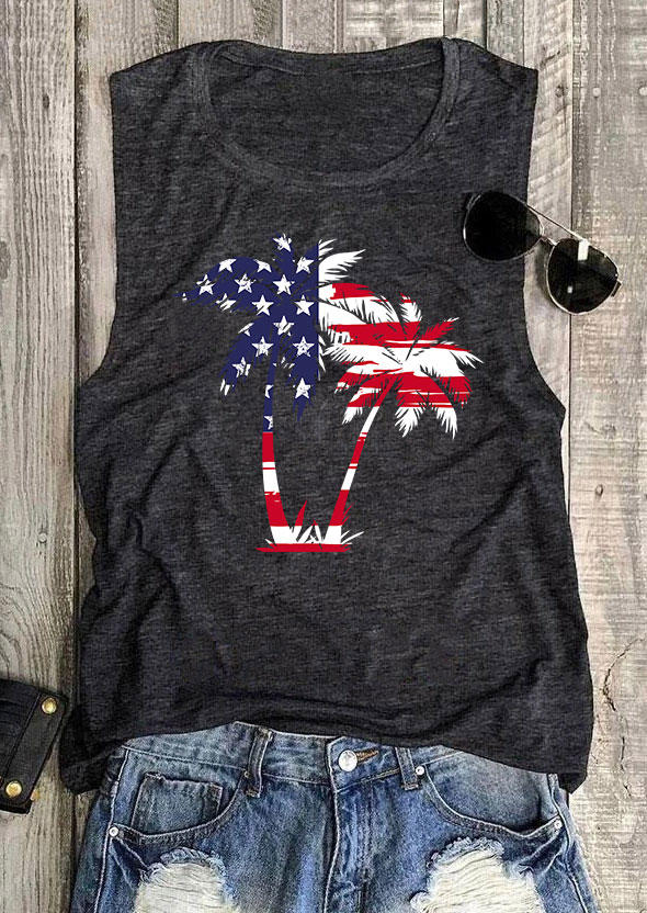 

Tank Tops American Flag Coconut Tree Casual Tank Top in Dark Grey. Size