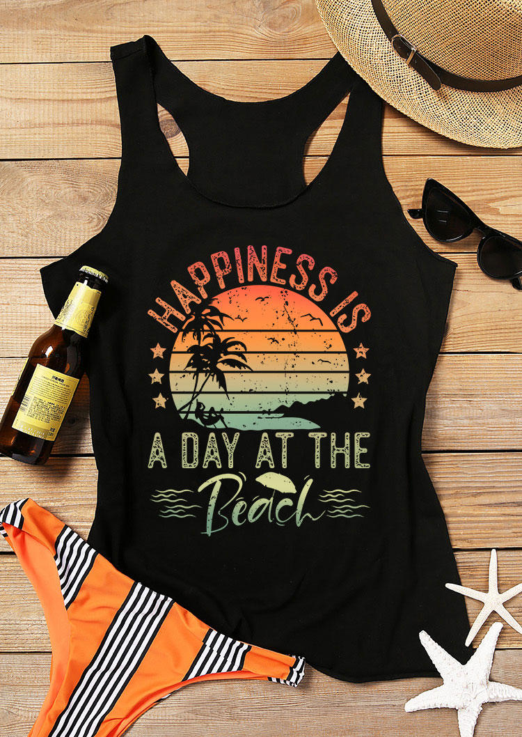 Tank Tops Happiness Is A Day At The Beach Racerback Tank Top in Black. Size: 2XL