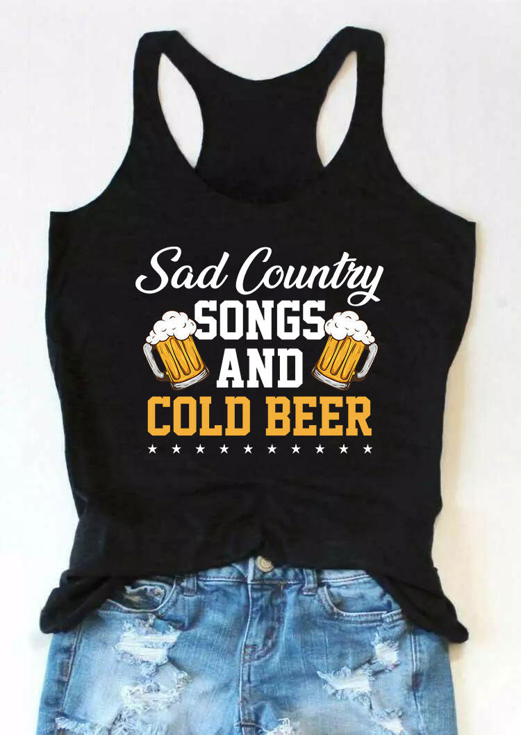 Tank Tops Sad Country Songs And Cold Beer Racerback Tank Top in Black. Size: L,M,S,XL