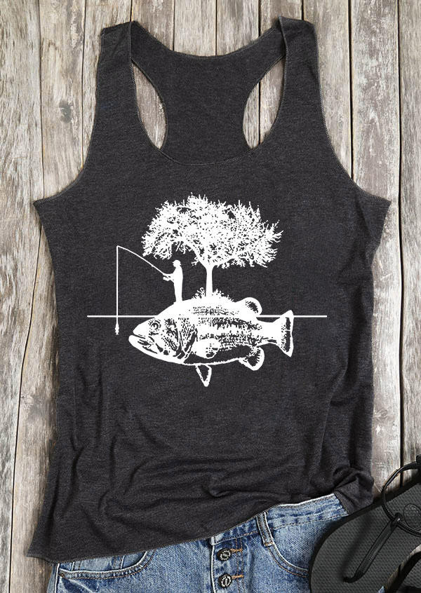 

Tank Tops Fish Tree O-Neck Racerback Tank Top - Dark Grey in Gray. Size