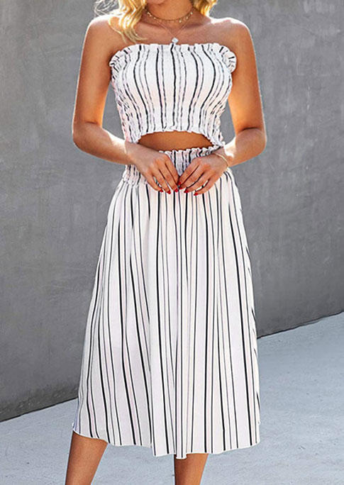 Two-piece Dresses Striped Ruffled Strapless Bandeau And Long Skirt Outfit in White. Size: S,M,L,XL