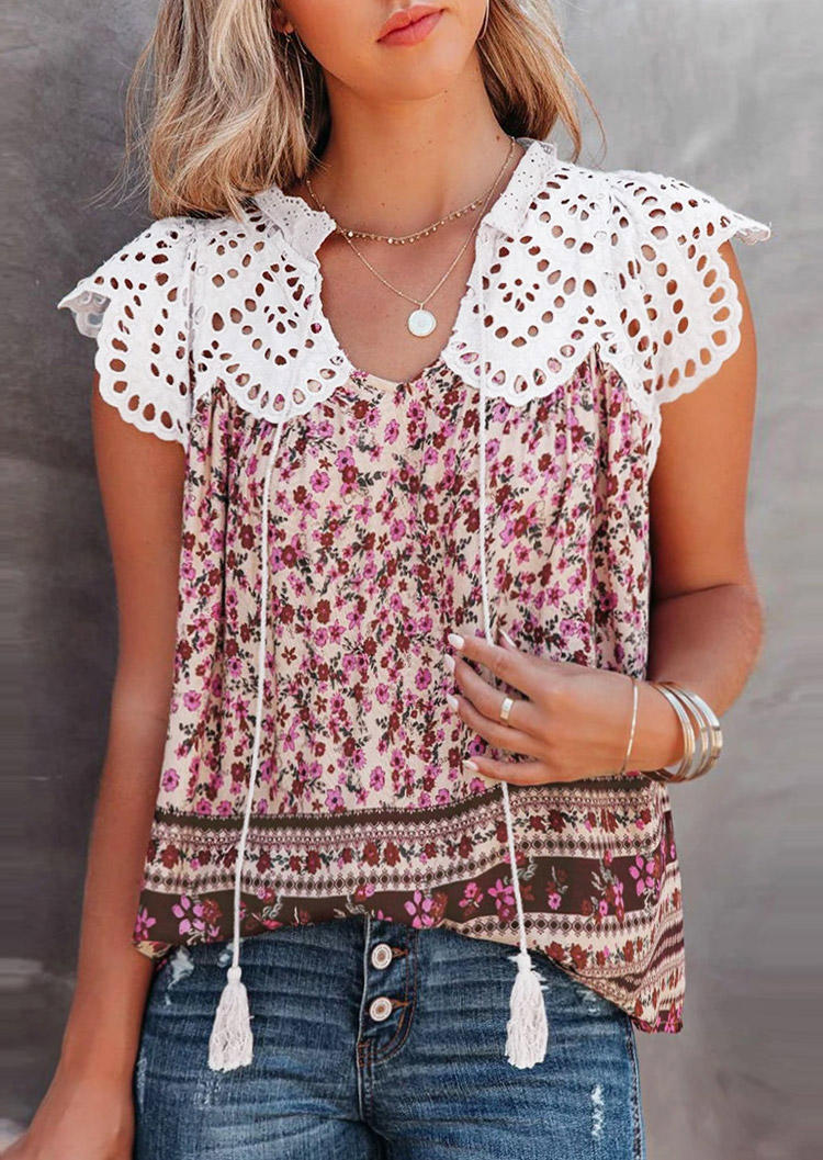 Tassel Drawstring Floral Notched Neck Blouse