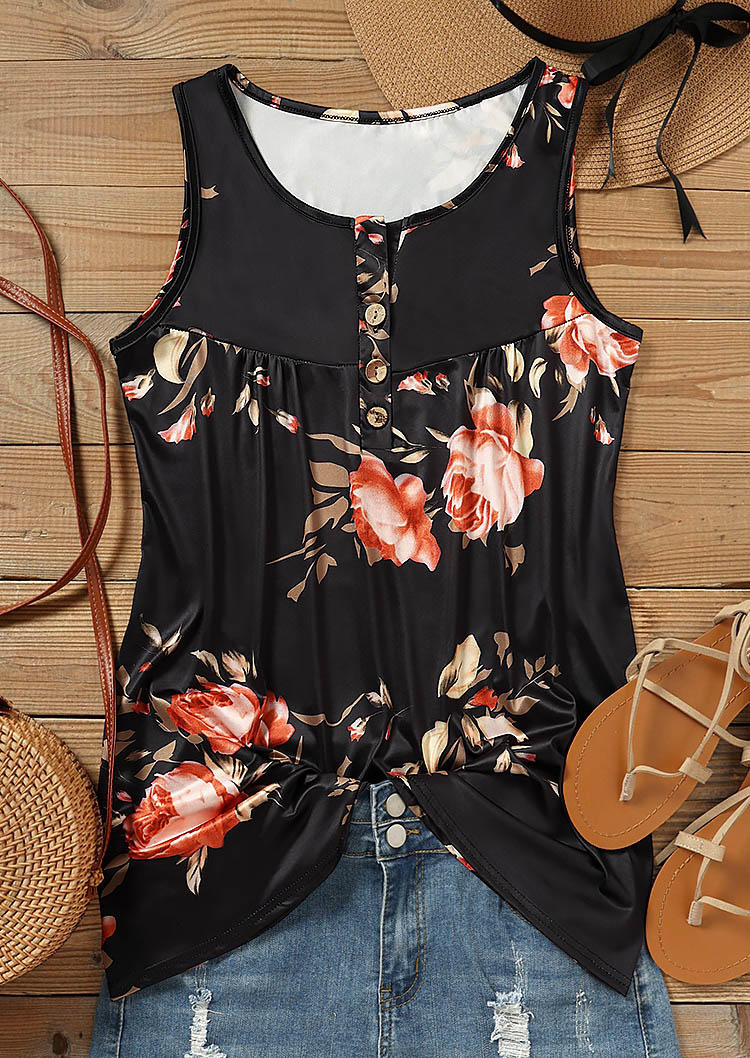 Tank Tops Floral Button Ruffled Notched Neck Tank Top in Black. Size: S,XL