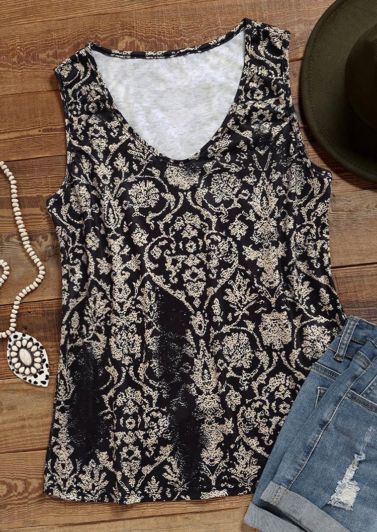 Tank Tops Floral V-Neck Casual Tank Top in Black. Size: L,M,S,XL
