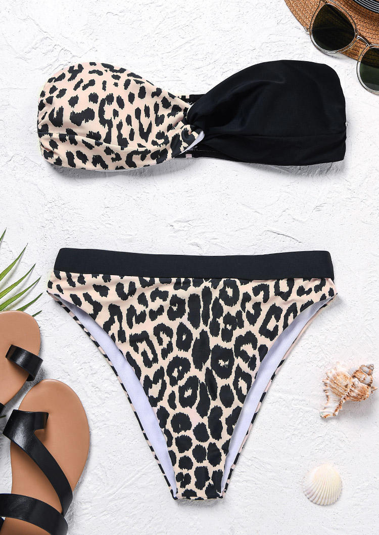 

Bikini Sets Leopard Color Block Strapless Bandeau Bikini Set in Black. Size