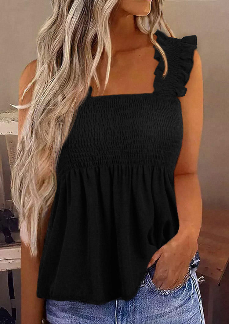 Smocked Ruffled Casual Tank - Black