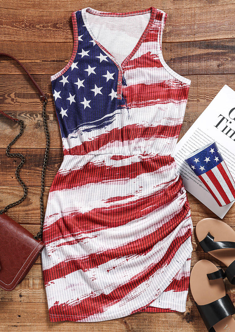 

Bodycon Dresses American Flag Button Sleeveless Bodycon Dress in Multicolor. Size