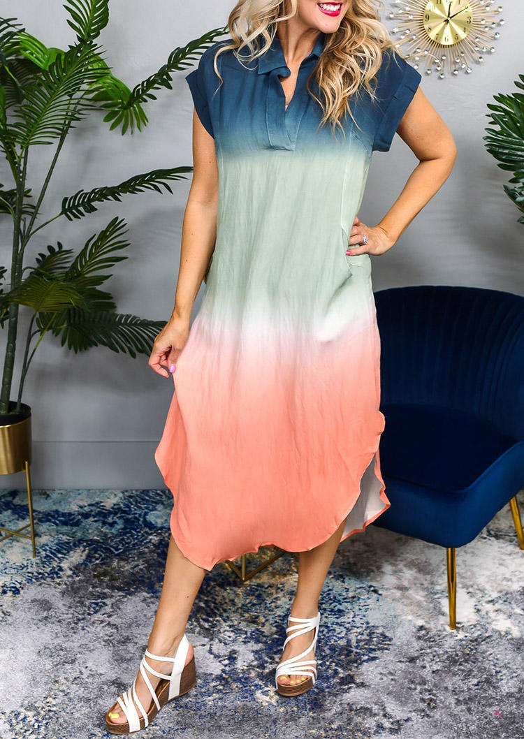 Maxi Dresses Gradient Pocket Slit Notched Neck Midi Dress in Multicolor. Size: L,M,S