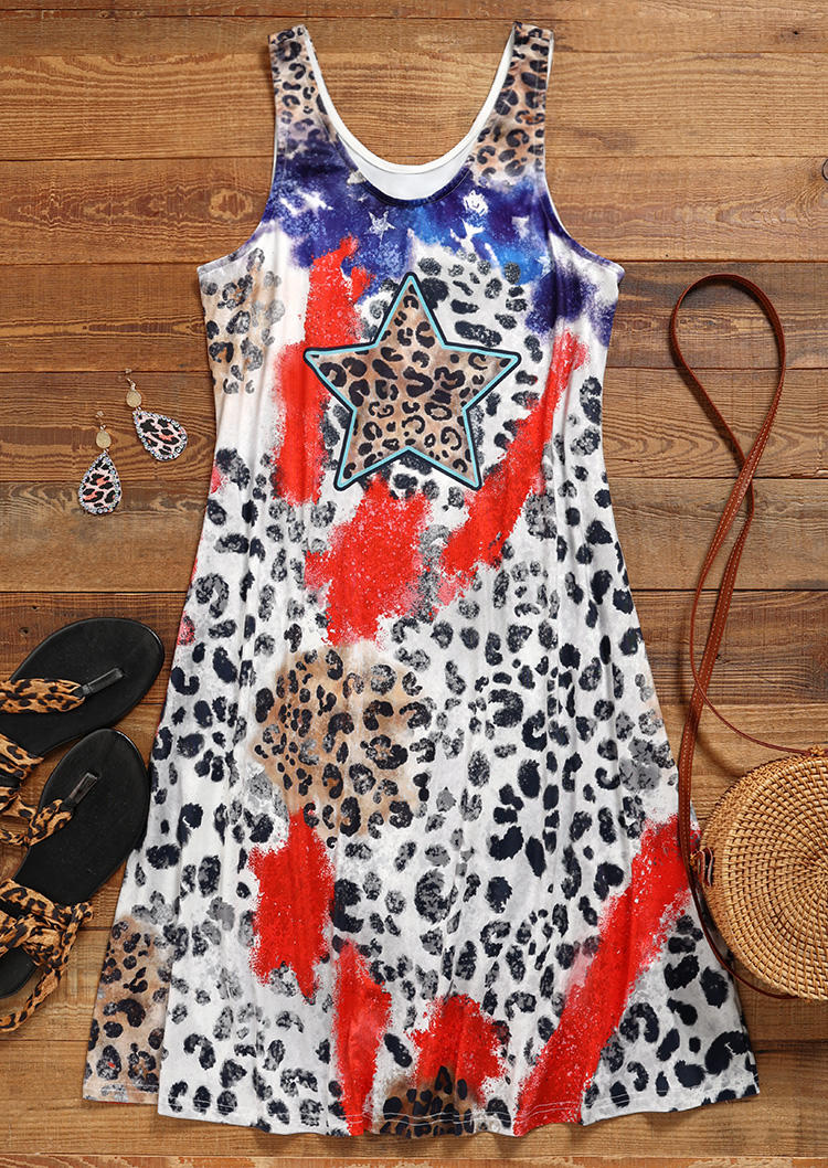 Mini Dresses Leopard Star Sleeveless Casual Mini Dress in Multicolor. Size: L,M,S,XL