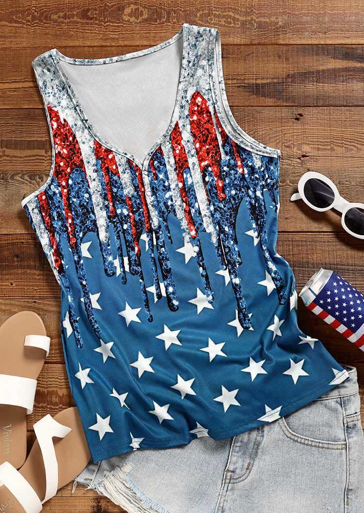 Tank Tops American Flag Glitter Snap Button Casual Tank Top in Multicolor. Size: L