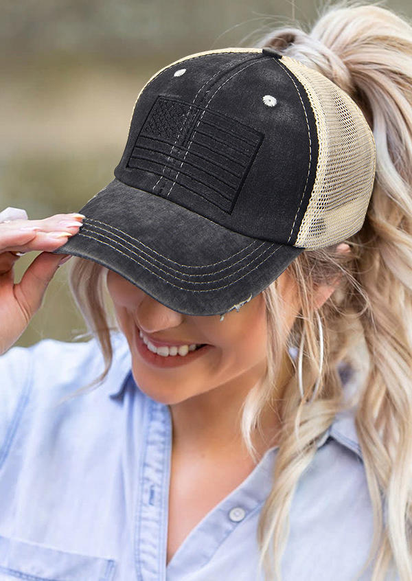 

Hats American Flag Mesh Splicing Hollow Out Baseball Cap in Black. Size