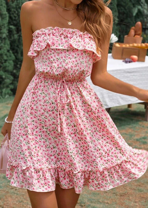 Mini Dresses Floral Ruffled Tie Strapless Bandeau Mini Dress in Pink. Size: XL