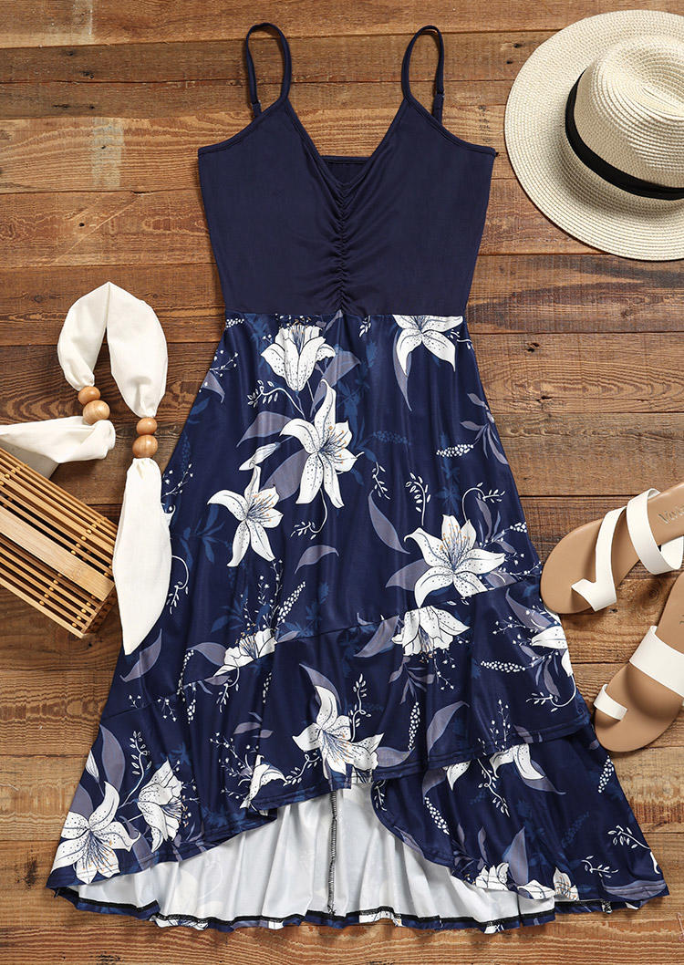 

Midi Dresses Floral Ruffled Spaghetti Strap Midi Dress - Navy Blue in Blue. Size