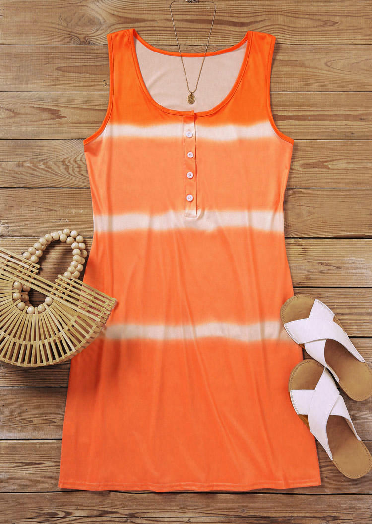 Mini Dresses Tie Dye Striped Button Mini Dress in Orange. Size: S,M,L,XL