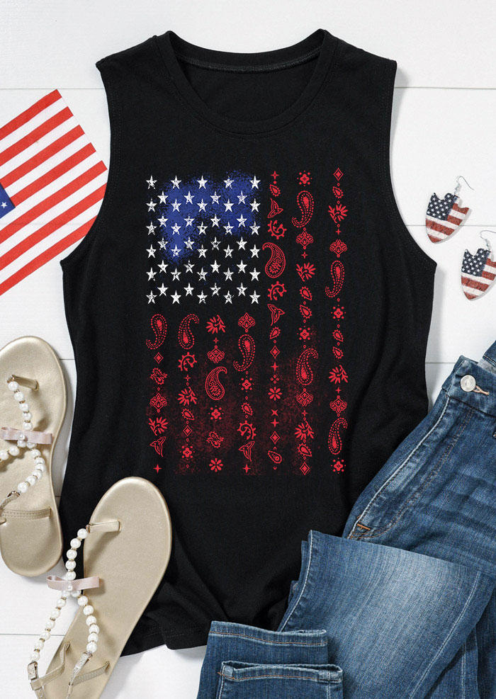 Tank Tops American Flag Paisley O-Neck Tank Top in Black. Size: S