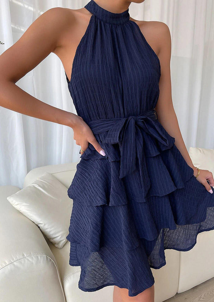 

Mini Dresses Ruffled Layered Sleeveless Tie Mini Dress in Blue. Size