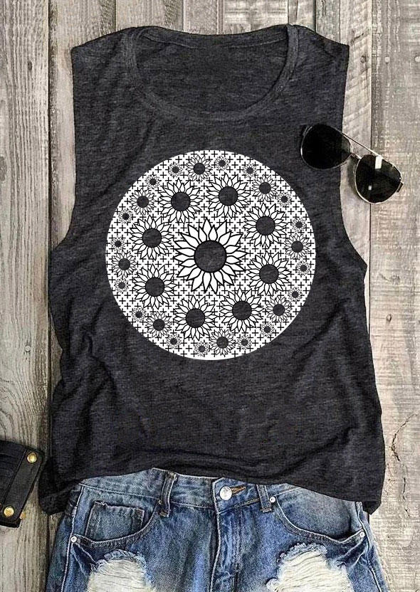 Tank Tops Sunflower Blooming O-Neck Tank Top - Dark Grey in Gray. Size: L