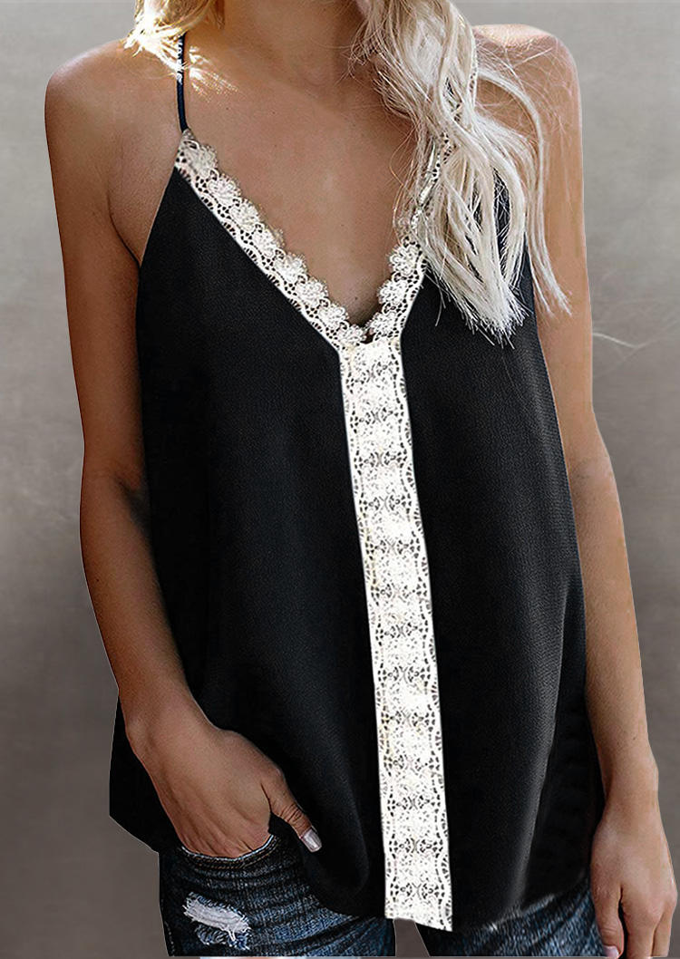 

Tank Tops Lace Splicing V-Neck Camisole in Black. Size