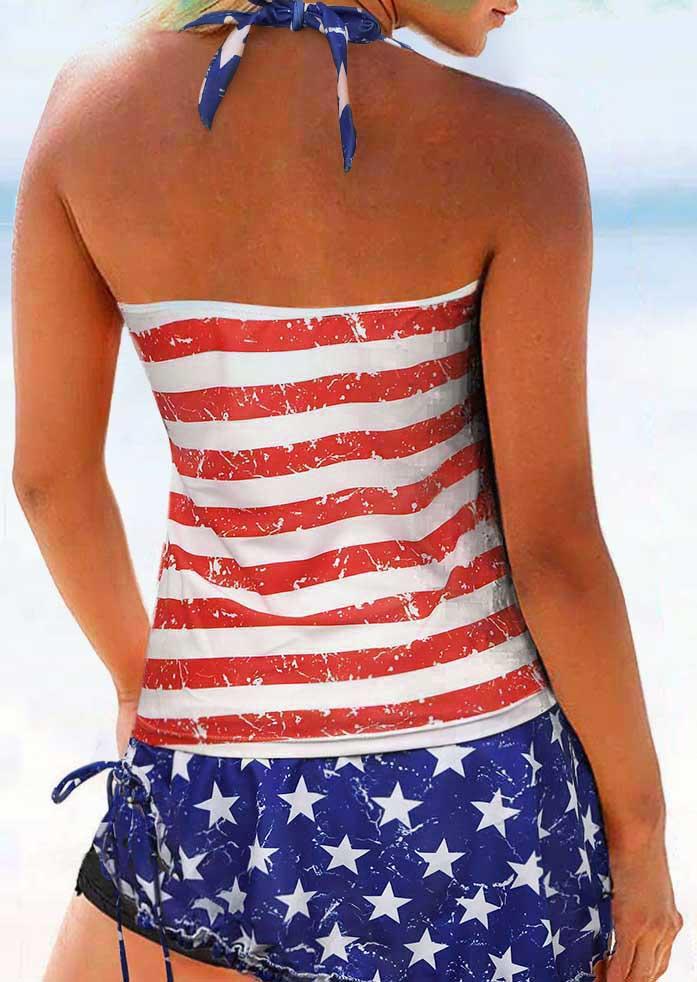 

Tankinis American Flag Drawstring Halter Tankini Set in Blue. Size