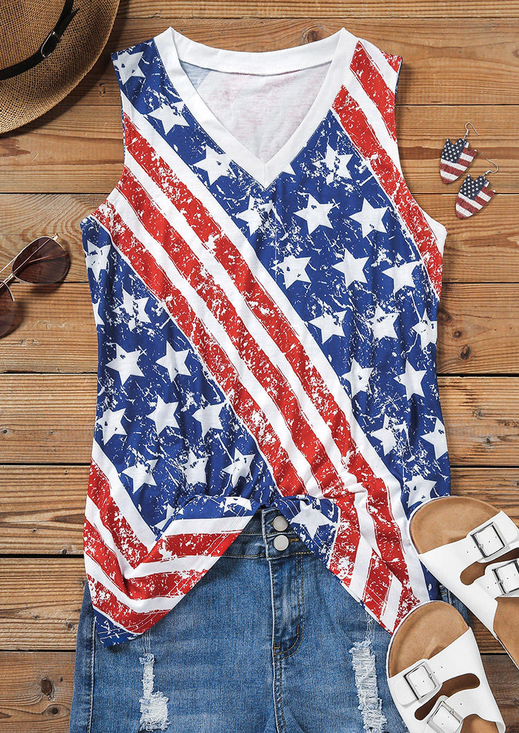 Tank Tops American Flag V-Neck Casual Tank Top in Multicolor. Size: M,XL
