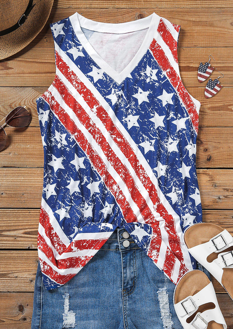 

Tank Tops American Flag V-Neck Casual Tank Top in Multicolor. Size