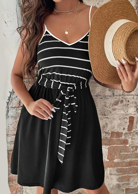 

Mini Dresses Striped Spaghetti Strap V-Neck Mini Dress in Black. Size