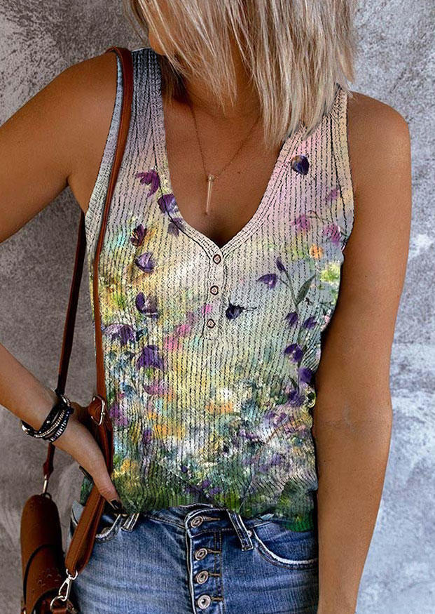 Tank Tops Floral Button V-Neck Casual Tank Top in Multicolor. Size: S