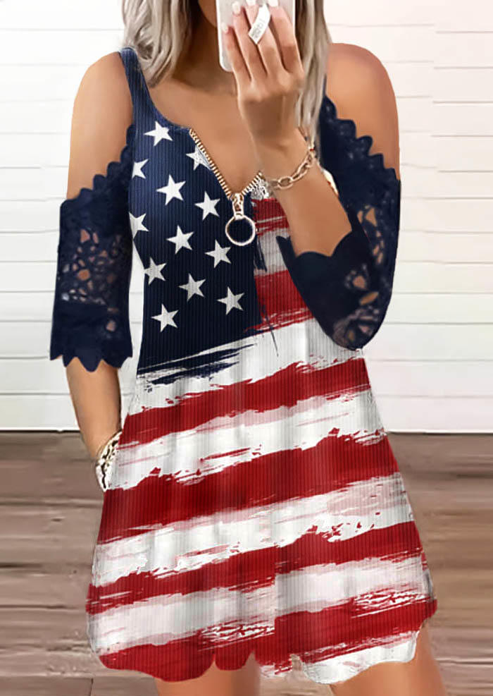 Mini Dresses American Flag Lace Splicing Zipper Mini Dress in Multicolor. Size: S,M,L,XL