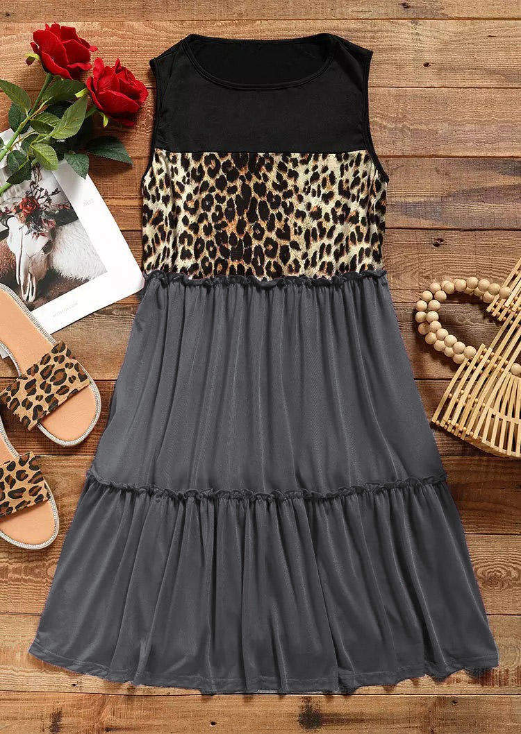 Mini Dresses Leopard Color Block Ruffled Mini Dress in Gray. Size: 2XL,S
