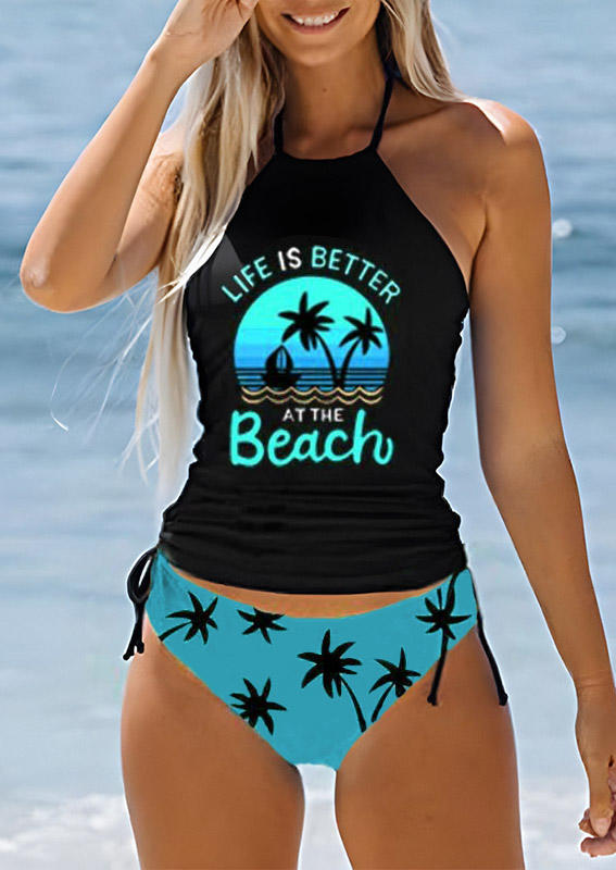 Tankinis Life Is Better At The Beach Coconut Tree Halter Tankini Set in Blue. Size: S