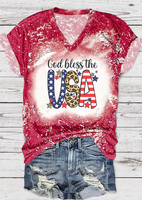 God Blessed The USA Bleached V-Neck T-Shirt Tee - Watermelon Red