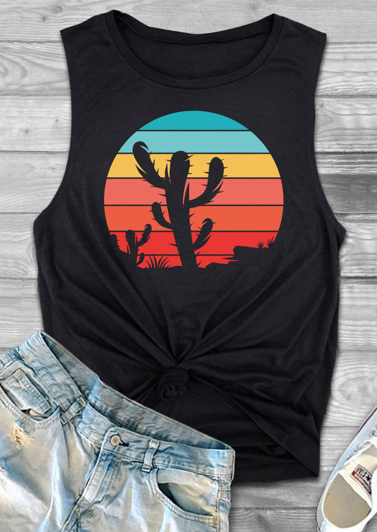 

Tank Tops Cactus Sunset O-Neck Casual Tank Top in Black. Size